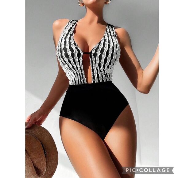 Classy Luxe Black & White Plunging Neckline One Piece Swimsuit - Picture 1 of 9